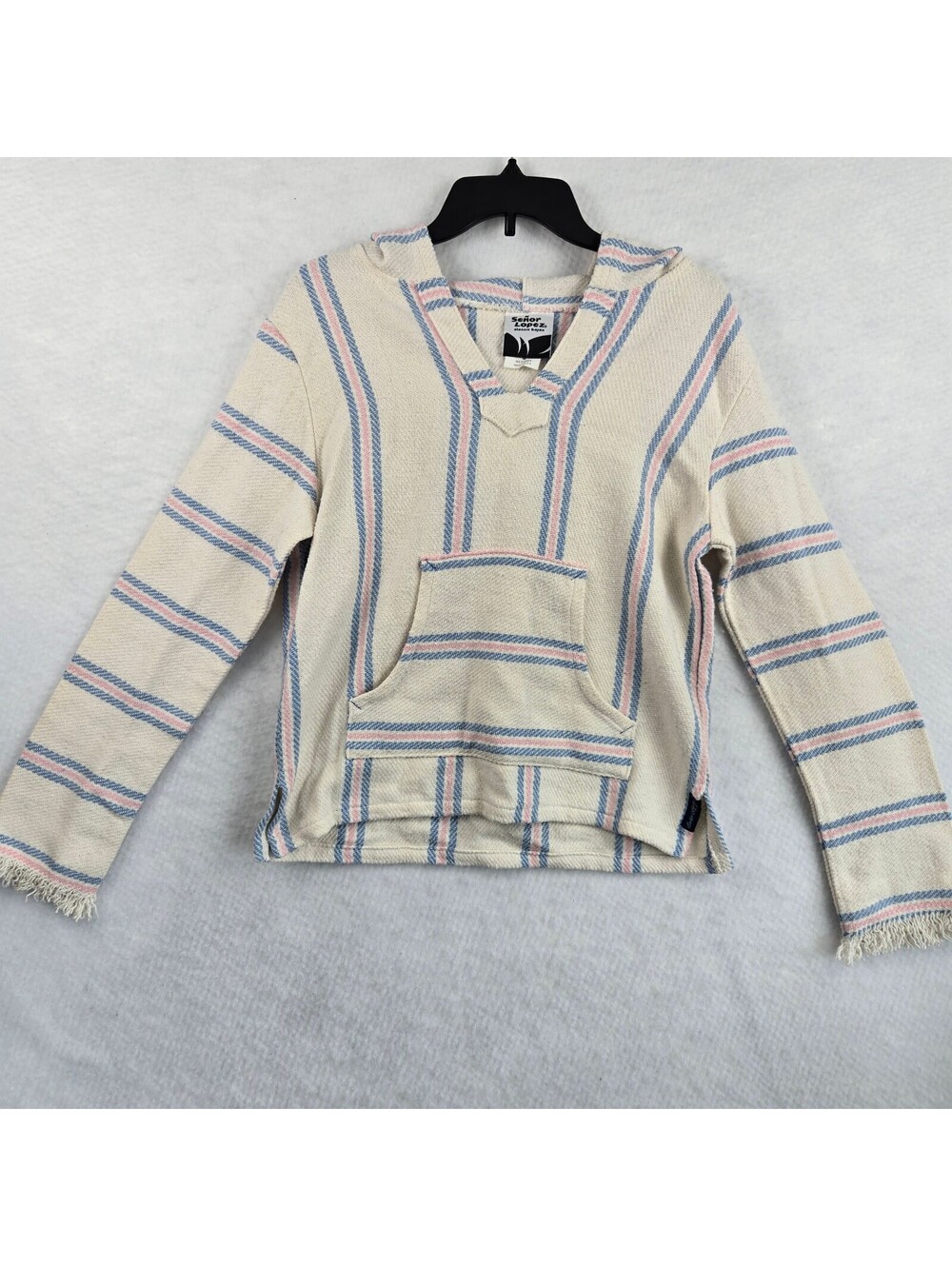 Original Senor Lopez Baja Hoodie M Pastel Pink Blue Cream Striped Surf Poncho